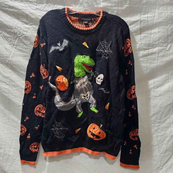 Funny dinosaur halloween trick r treating jack o lantern sweater - Picture 1 of 3